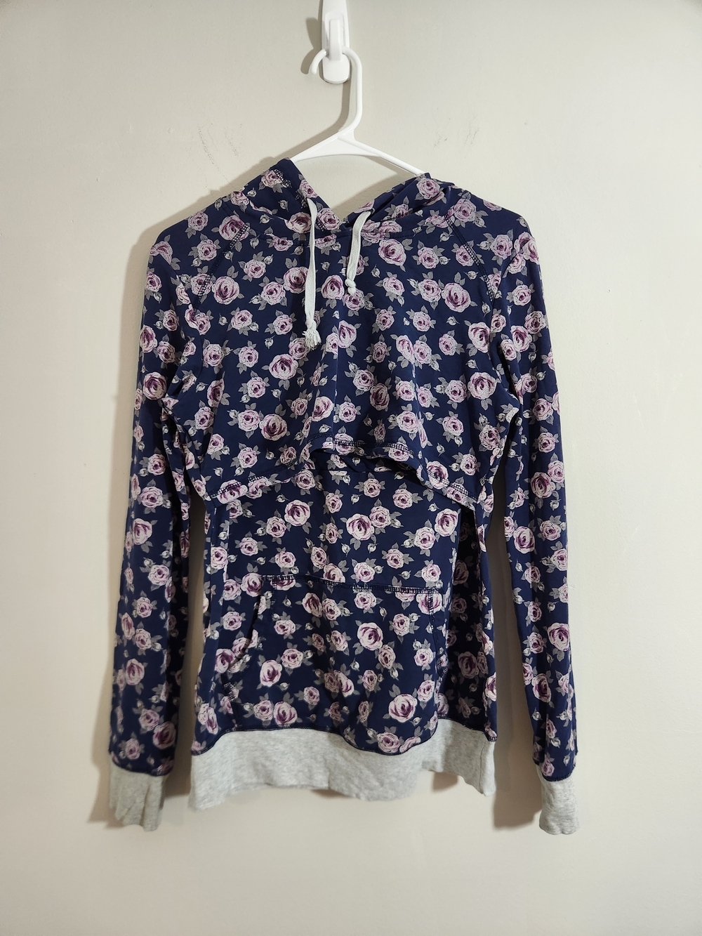 Latched Mama Navy Floral Hoodie Pink Roses Breastfeeding Nursing Pumping Cotton